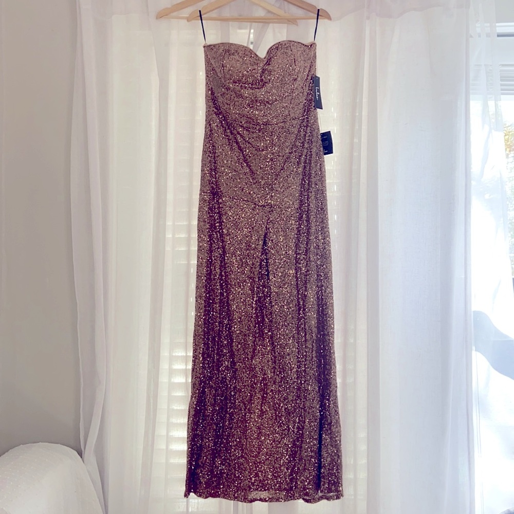 Strapless sequin bronze/rose gold special event gown